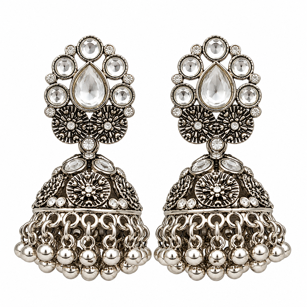 The99Jewel Modern-Ethnic Crystal Stone Oxidised Plated Jhumki Earrings With Ghungroo Jewellery for Women