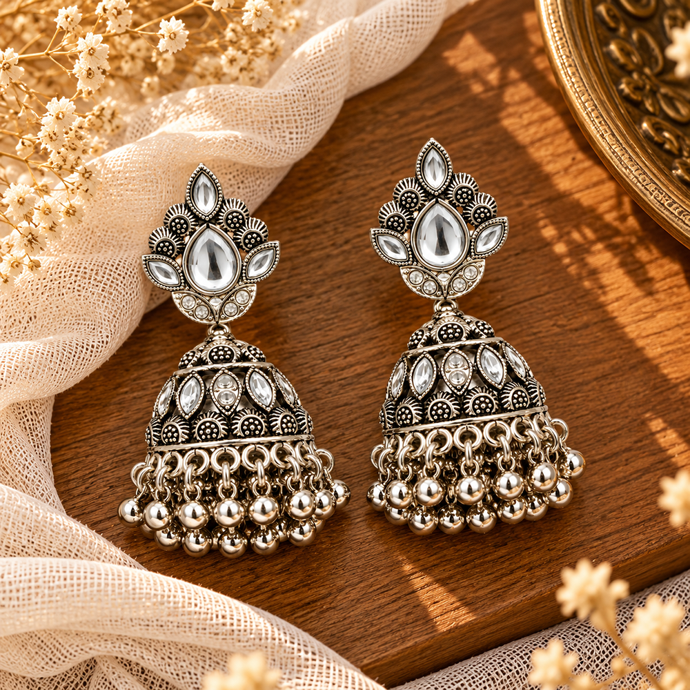 The99Jewel Modern-Ethnic Crystal Stone Oxidised Plated Jhumki Earrings With Ghungroo Jewellery for Women