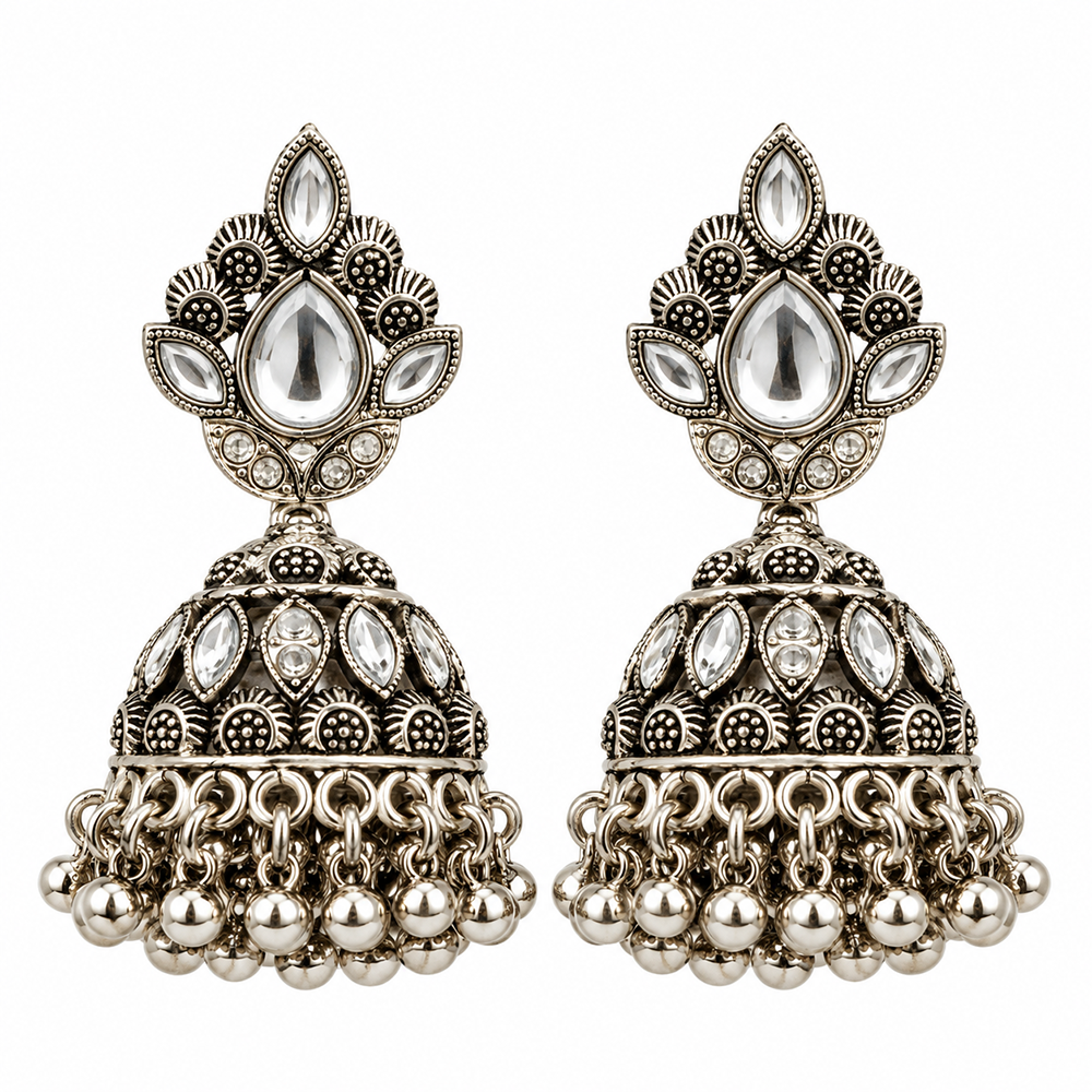 The99Jewel Modern-Ethnic Crystal Stone Oxidised Plated Jhumki Earrings With Ghungroo Jewellery for Women