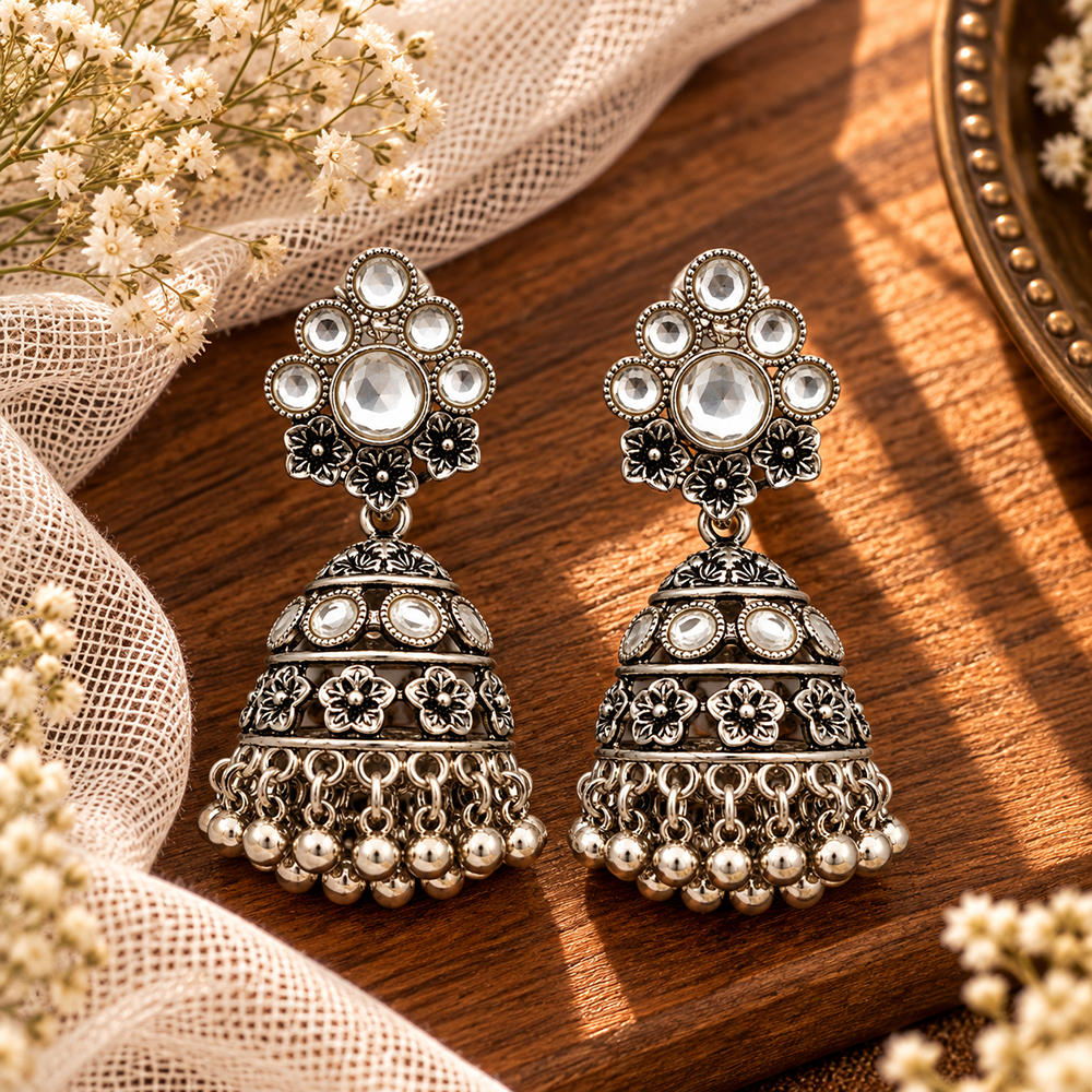 The99Jewel Modern-Ethnic Crystal Stone Oxidised Plated Jhumki Earrings With Ghungroo Jewellery for Women