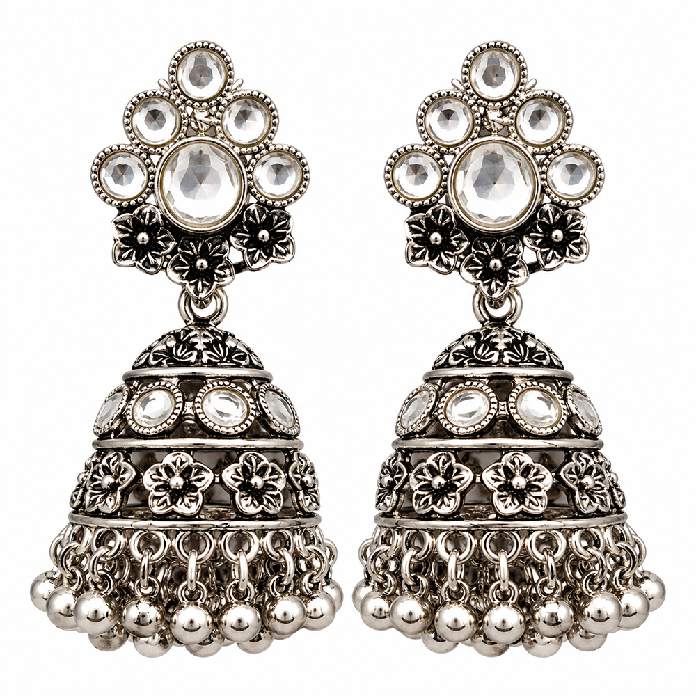 The99Jewel Modern-Ethnic Crystal Stone Oxidised Plated Jhumki Earrings With Ghungroo Jewellery for Women
