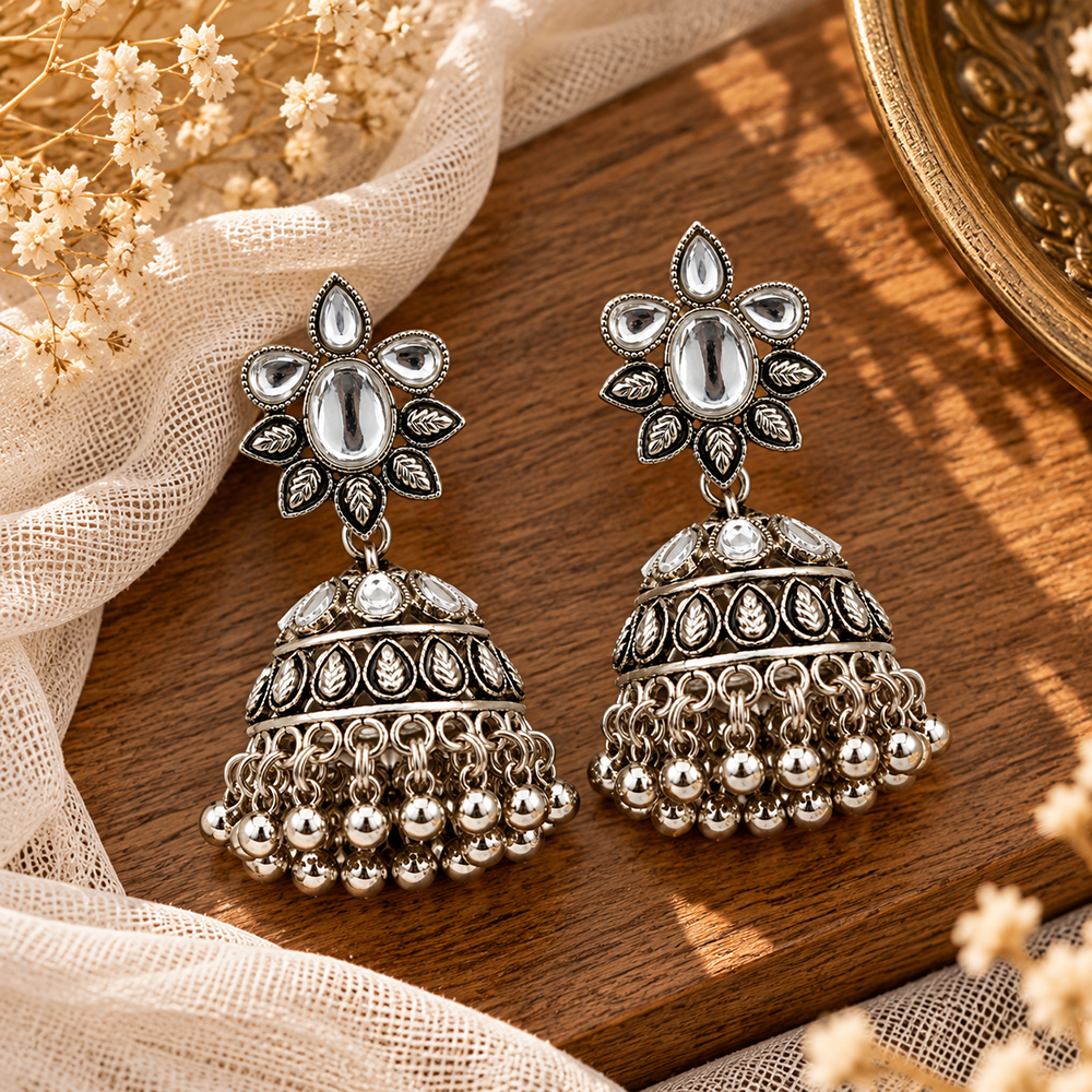 The99Jewel Modern-Ethnic Crystal Stone Oxidised Plated Jhumki Earrings With Ghungroo Jewellery for Women