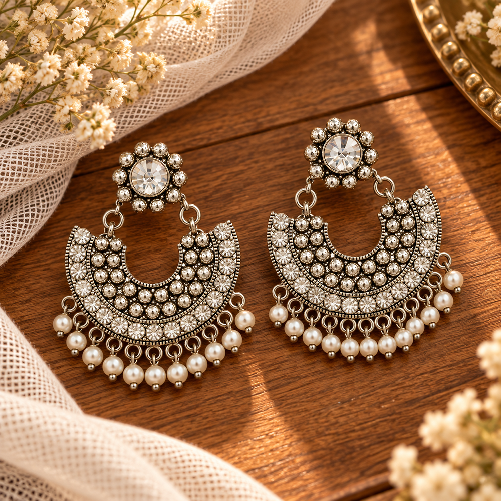 The99Jewel Modern-Ethnic Crystal Stone Oxidised Plated Dangler Earrings With Ghungroo Jewellery for Women