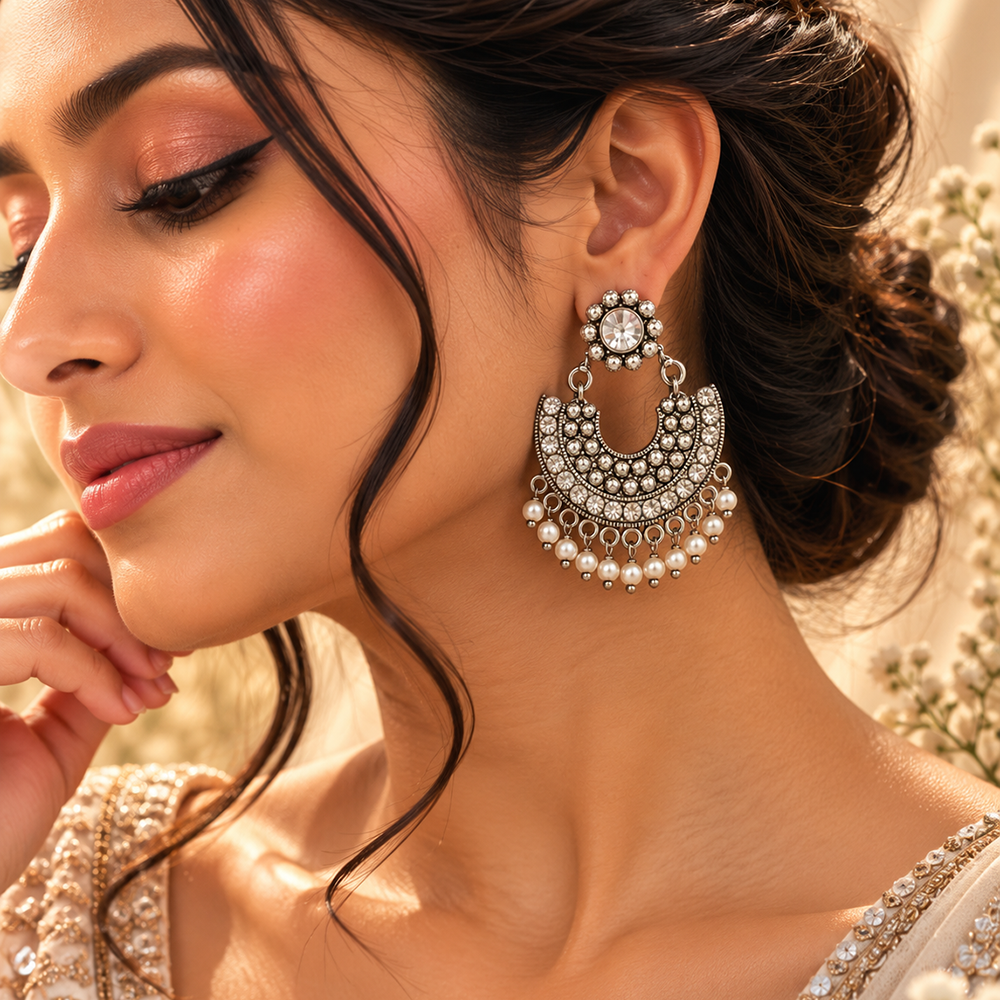 The99Jewel Modern-Ethnic Crystal Stone Oxidised Plated Dangler Earrings With Ghungroo Jewellery for Women