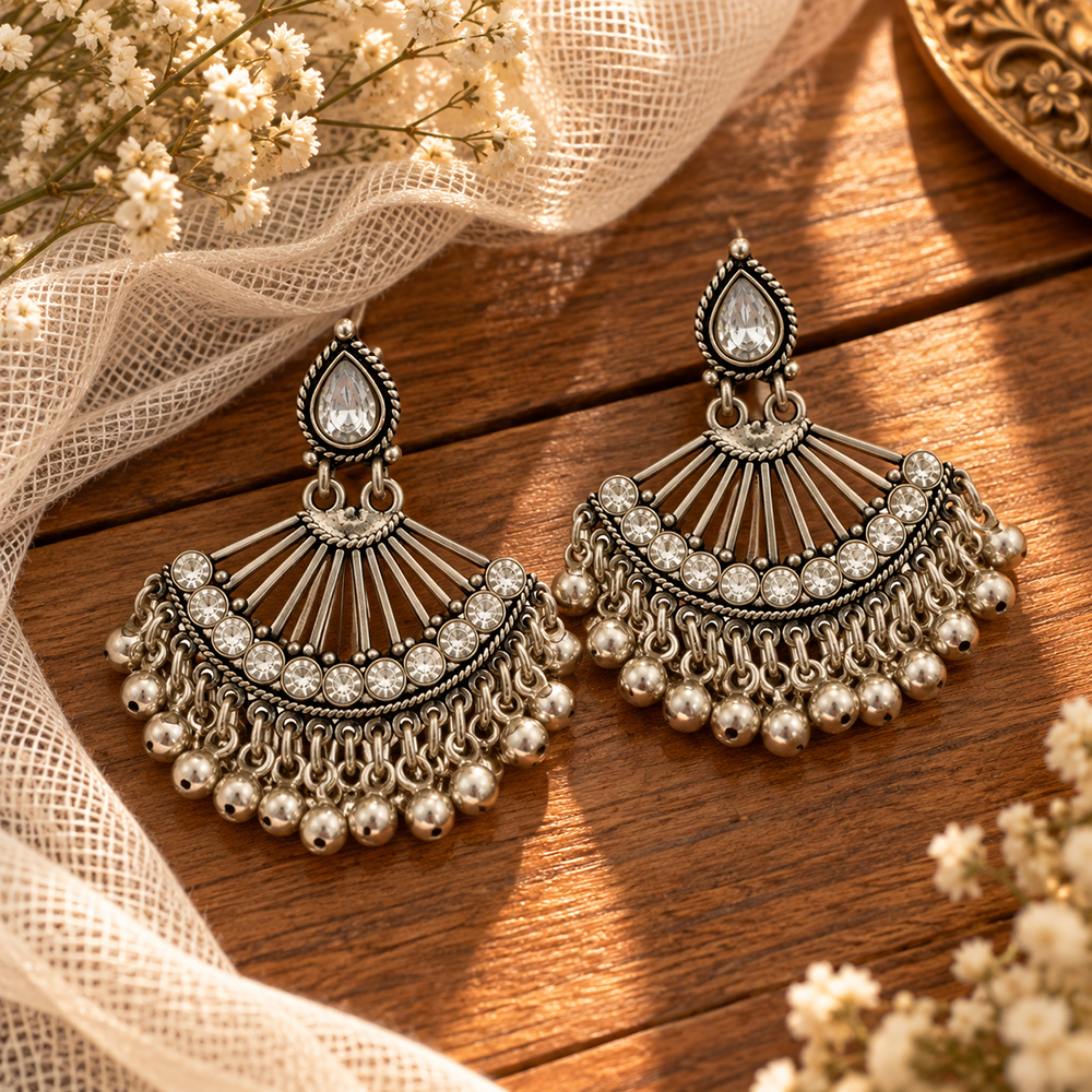 The99Jewel Modern-Ethnic Crystal Stone Oxidised Plated Dangler Earrings With Ghungroo Jewellery for Women