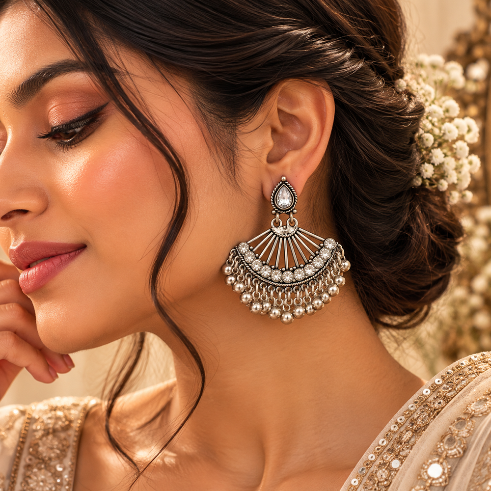 The99Jewel Modern-Ethnic Crystal Stone Oxidised Plated Dangler Earrings With Ghungroo Jewellery for Women
