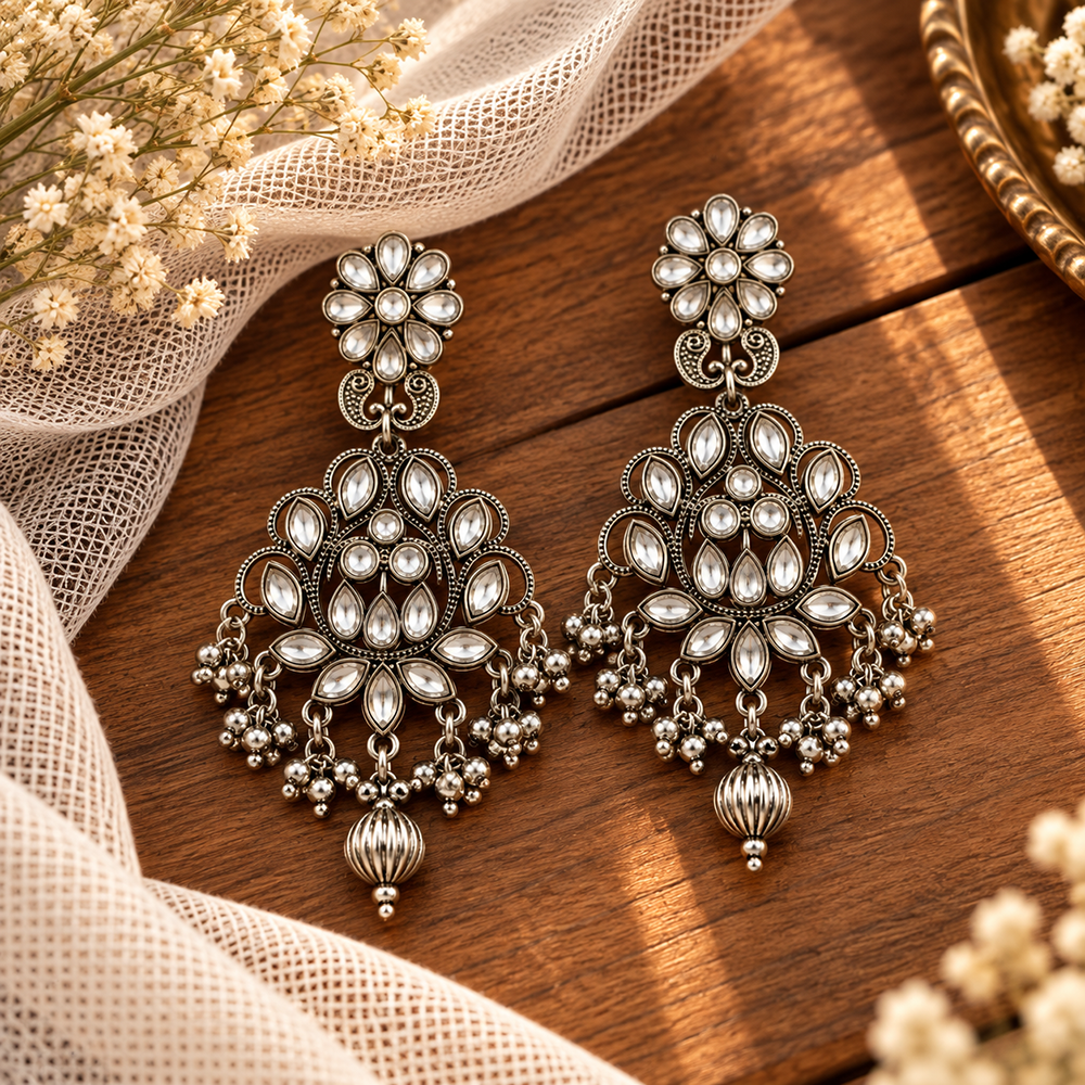 The99Jewel Modern-Ethnic Crystal Stone Oxidised Plated Dangler Earrings With Ghungroo Jewellery for Women