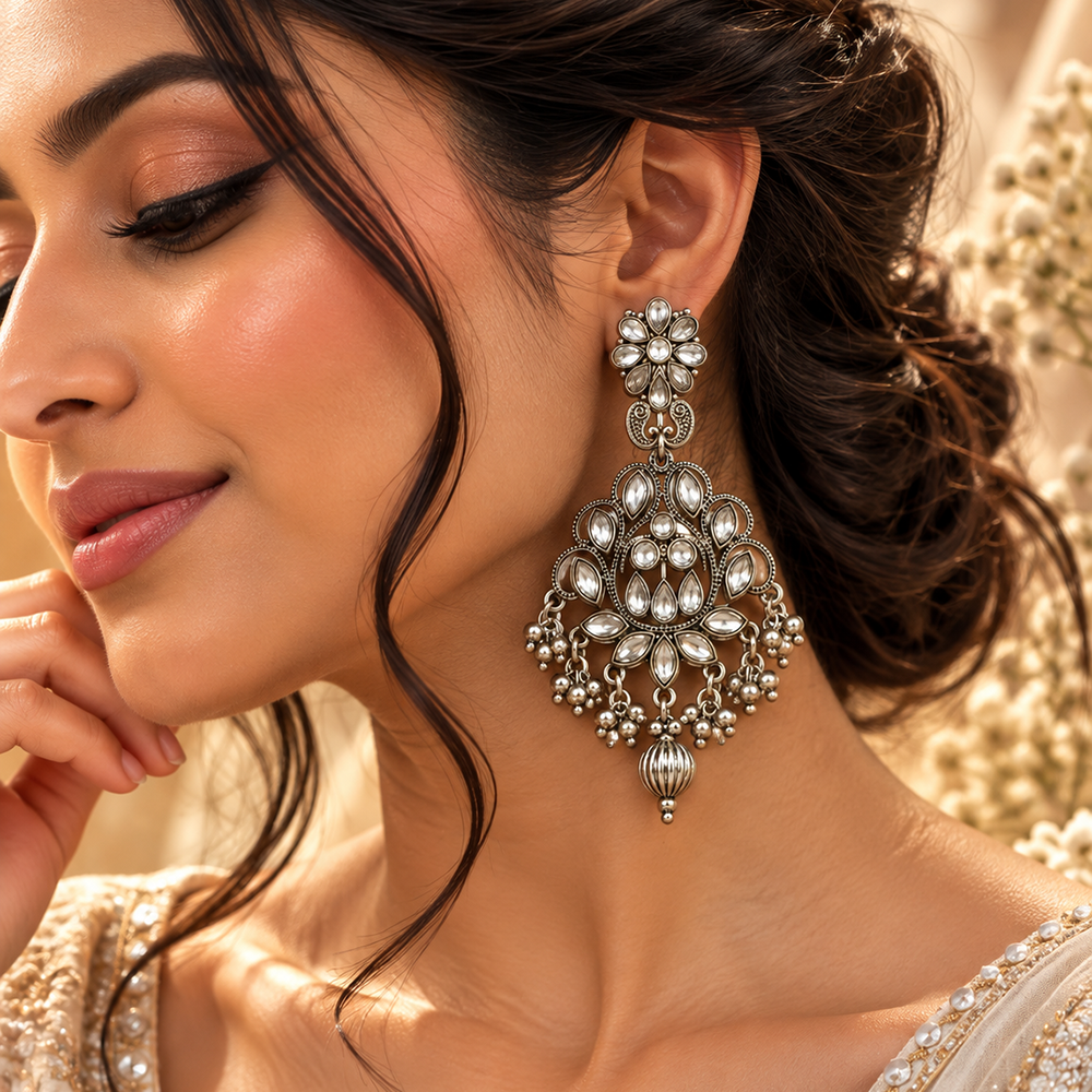 The99Jewel Modern-Ethnic Crystal Stone Oxidised Plated Dangler Earrings With Ghungroo Jewellery for Women