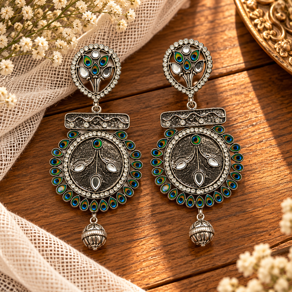The99Jewel Modern-Ethnic Oxidised Plated Dangler Earrings With Peacock Feathers Work  for Women