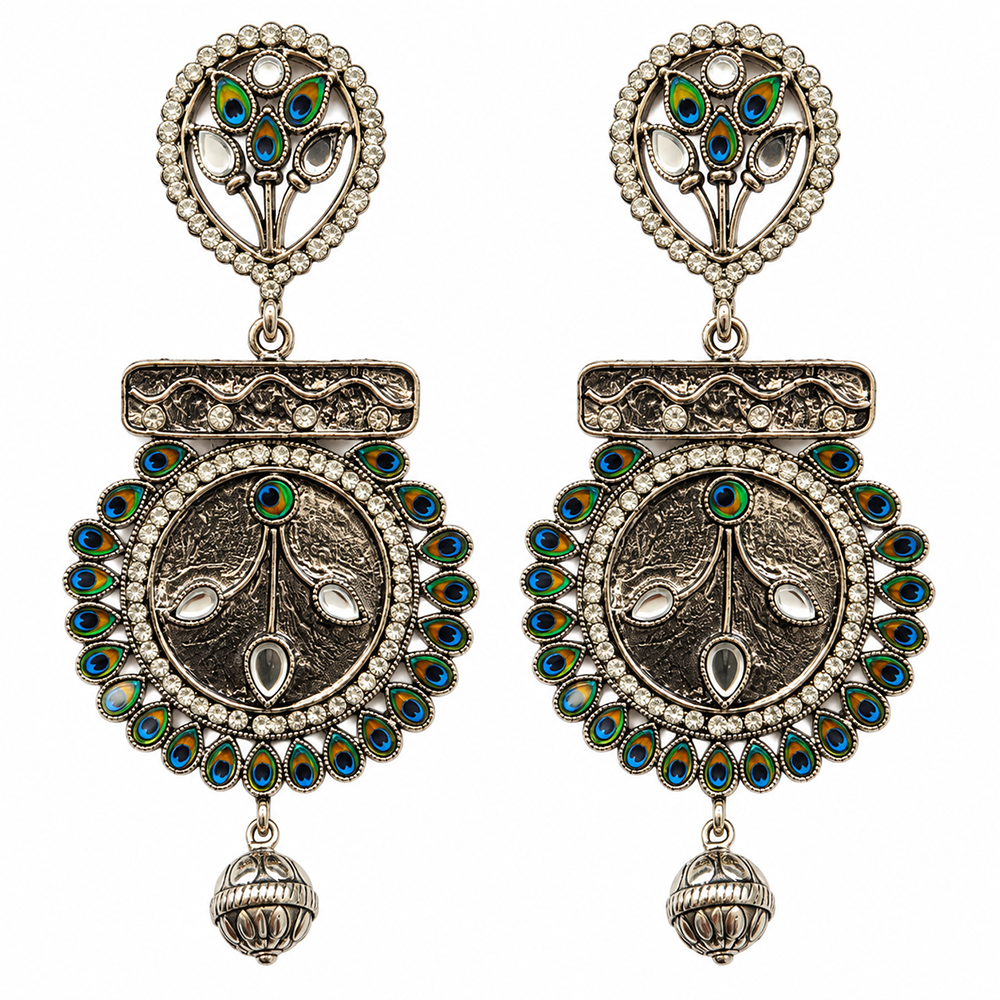 The99Jewel Modern-Ethnic Oxidised Plated Dangler Earrings With Peacock Feathers Work  for Women