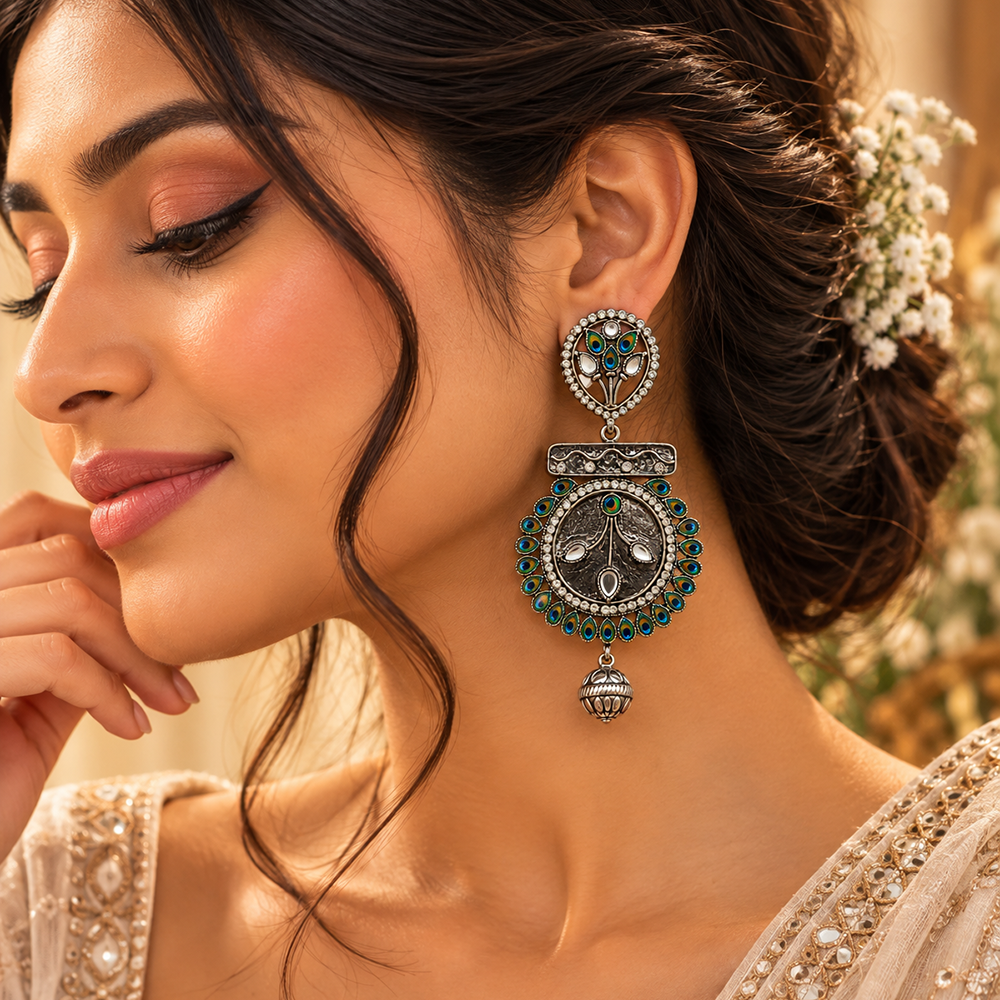The99Jewel Modern-Ethnic Oxidised Plated Dangler Earrings With Peacock Feathers Work  for Women