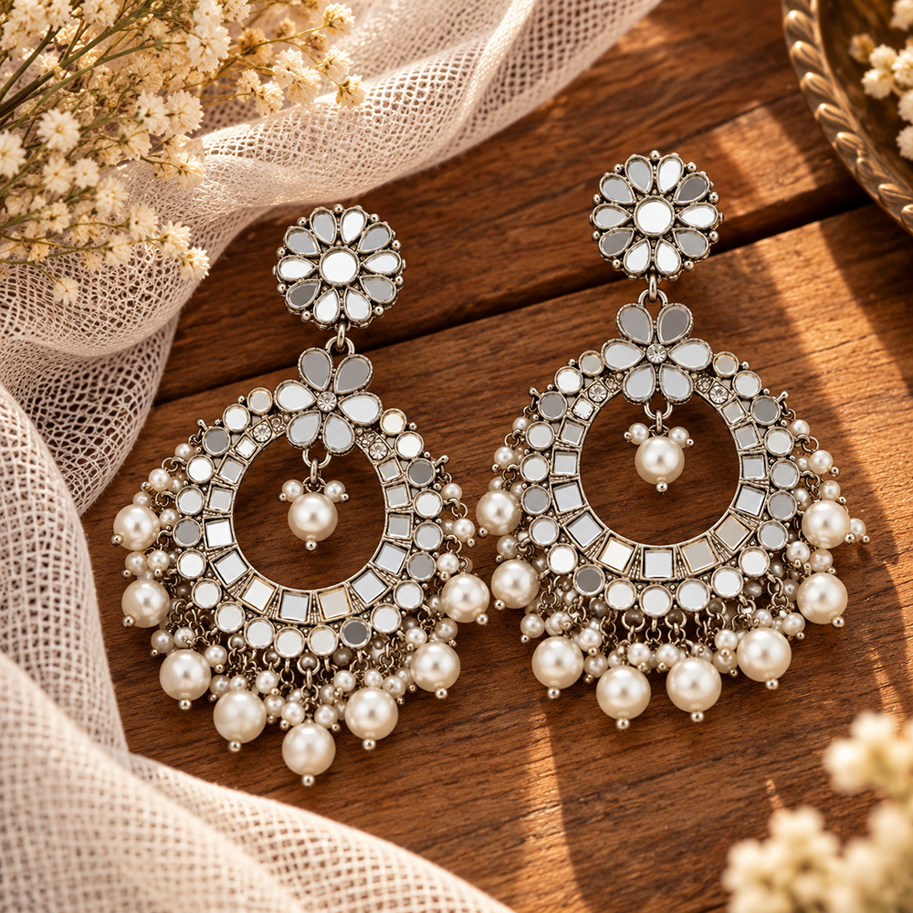 The99Jewel Modern-Ethnic Oxidised Plated Dangler Earrings With Mirror & Pearl Work Jewellery for Women
