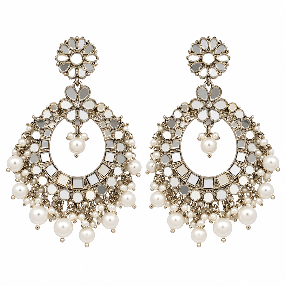 The99Jewel Modern-Ethnic Oxidised Plated Dangler Earrings With Mirror & Pearl Work Jewellery for Women