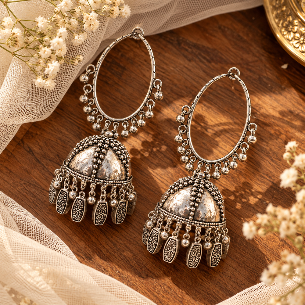 The99Jewel Modern-Ethnic Oxidised Plated Jhumka Earrings With Beads Jewellery for Women