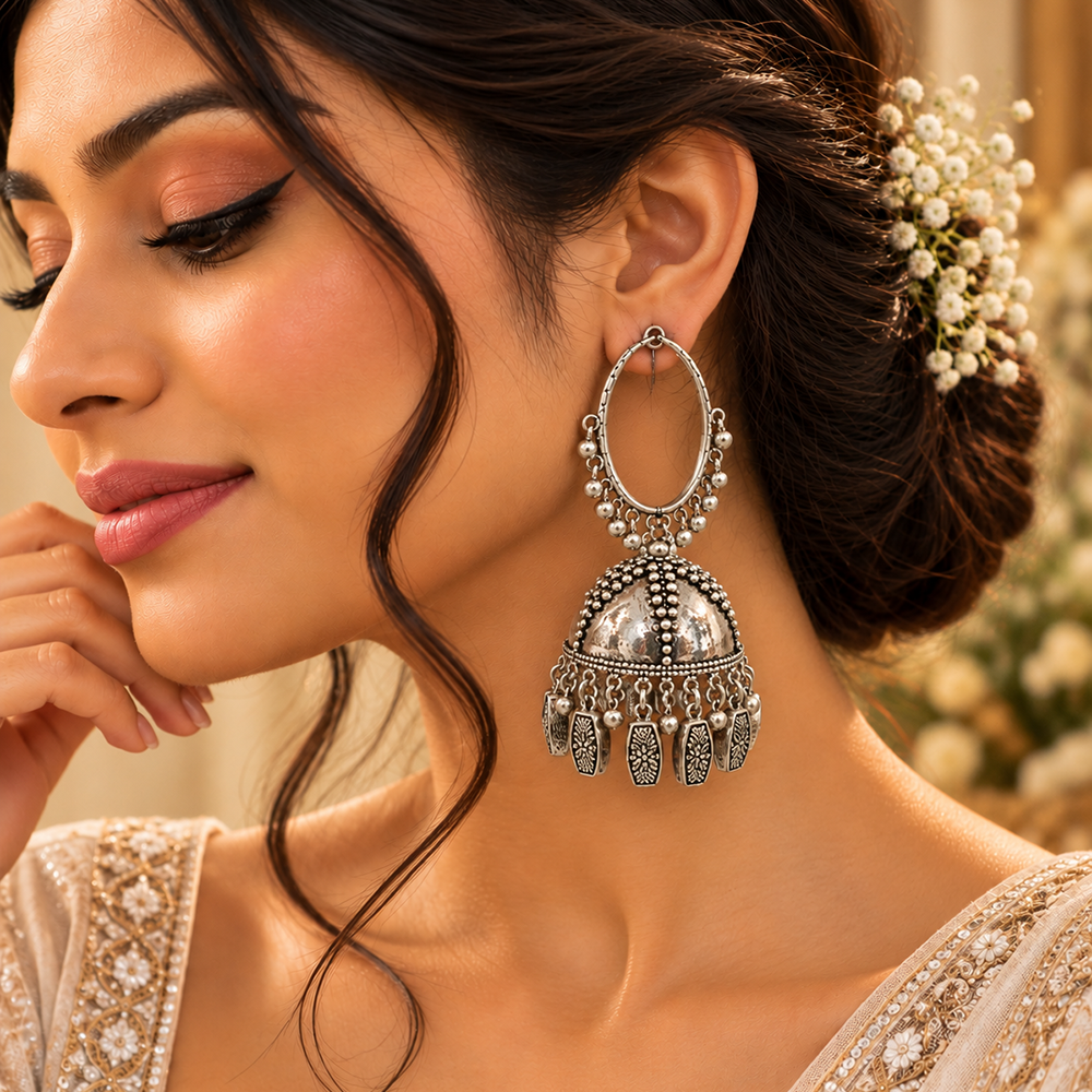The99Jewel Modern-Ethnic Oxidised Plated Jhumka Earrings With Beads Jewellery for Women