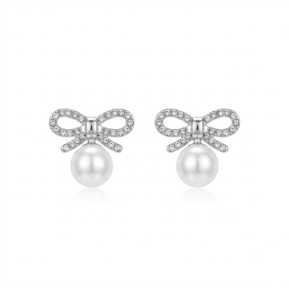 The99Jewel Silver Plated Bow Shape Austrian Stone & Pearl Stud Earrings for Women