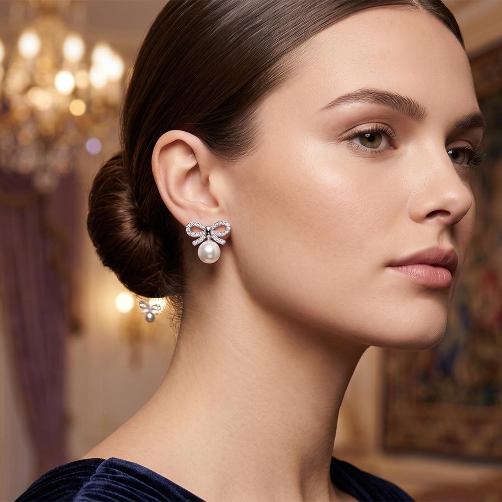 The99Jewel Silver Plated Bow Shape Austrian Stone & Pearl Stud Earrings for Women