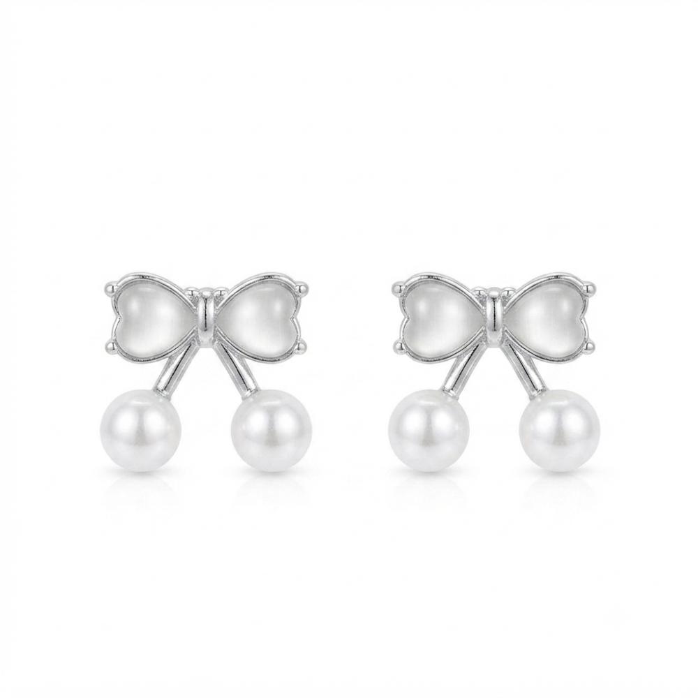 The99Jewel Silver Plated Bow Shape Austrian Stone & Pearl Stud Earrings for Women