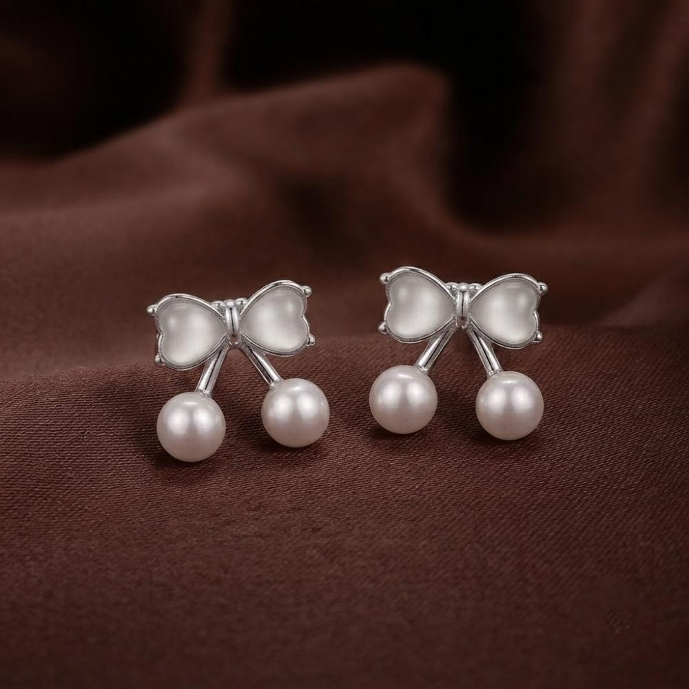 The99Jewel Silver Plated Bow Shape Austrian Stone & Pearl Stud Earrings for Women 