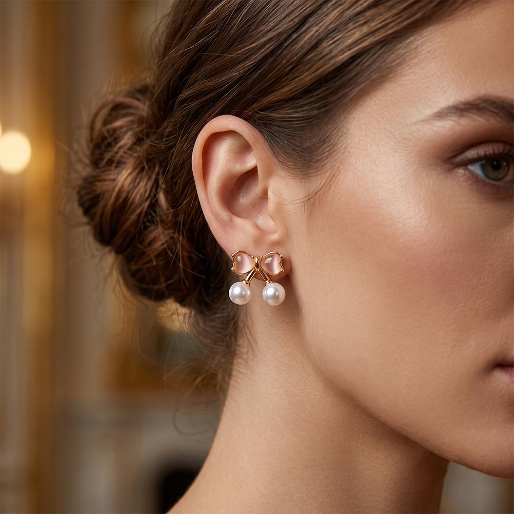 The99Jewel Rose Gold Plated Bow Shape Austrian Stone & Pearl Stud Earrings for Women