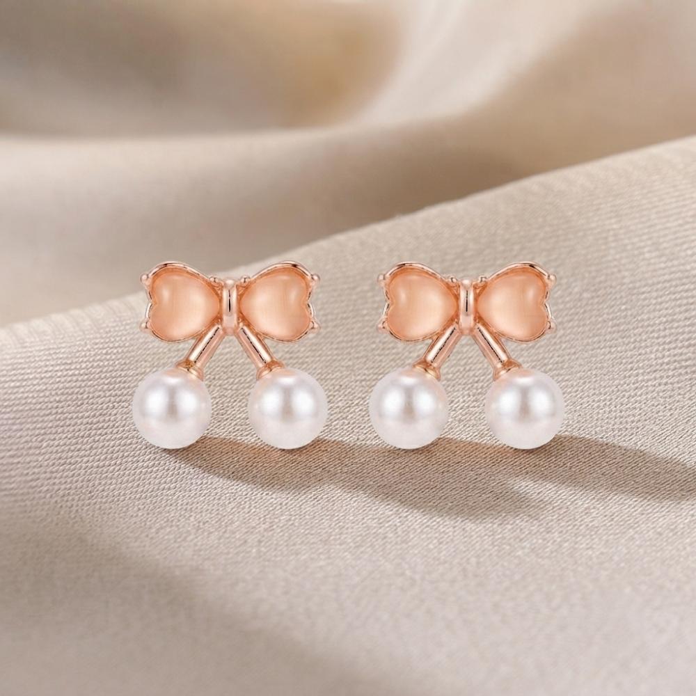 The99Jewel Rose Gold Plated Bow Shape Austrian Stone & Pearl Stud Earrings for Women 