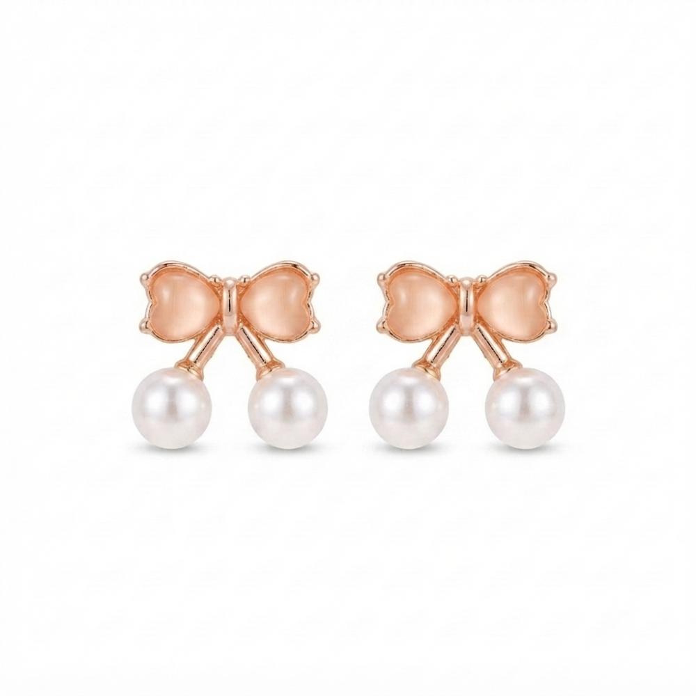 The99Jewel Rose Gold Plated Bow Shape Austrian Stone & Pearl Stud Earrings for Women