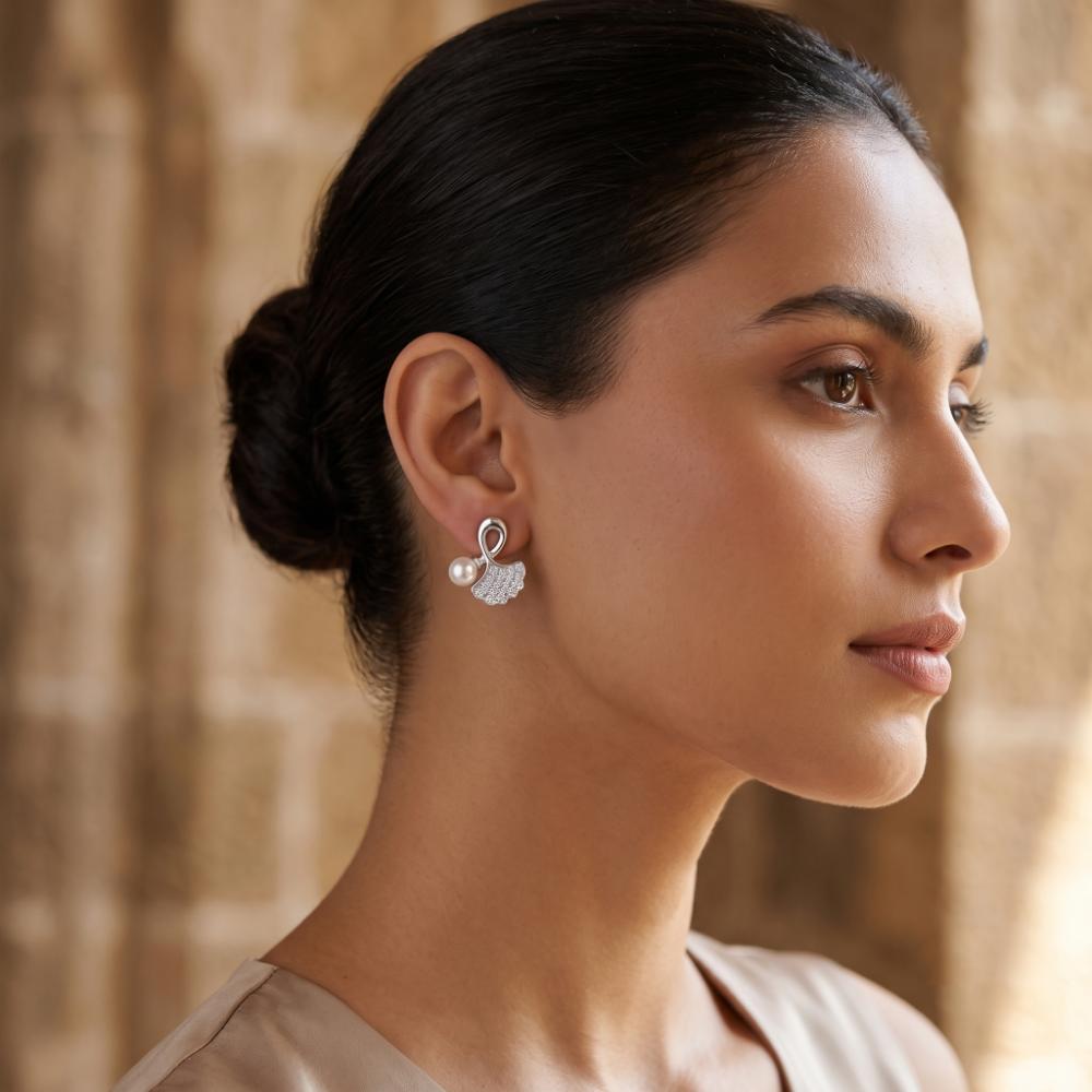 The99Jewel Silver Plated Leaf Shape Austrian Stone & Pearl Stud Earrings for Women