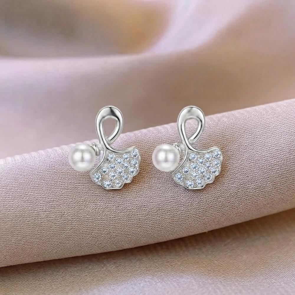 The99Jewel Silver Plated Leaf Shape Austrian Stone & Pearl Stud Earrings for Women 