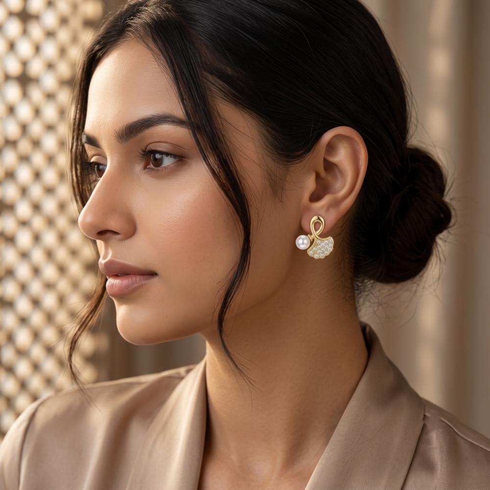 The99Jewel Gold Plated Leaf Shape Austrian Stone & Pearl Stud Earrings for Women