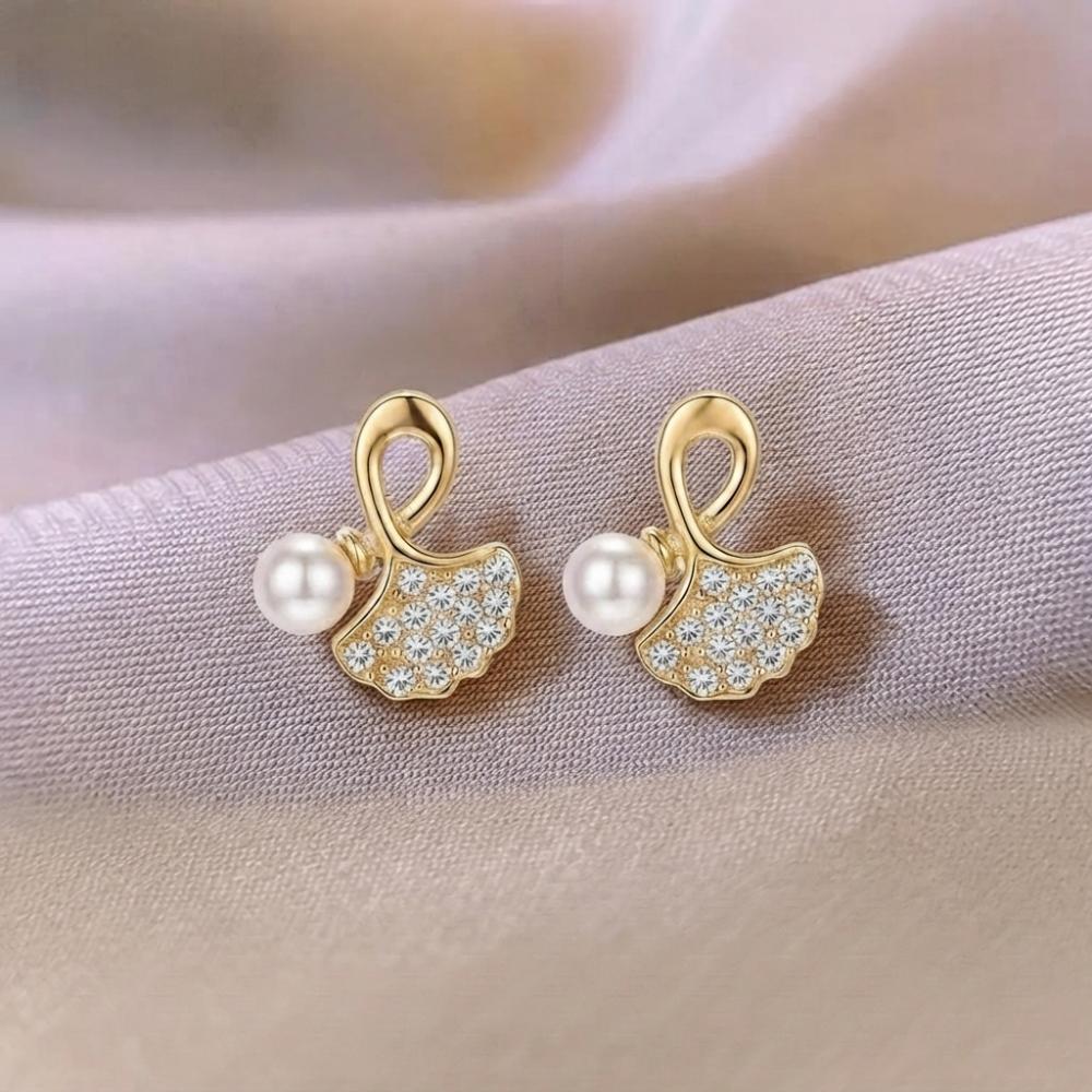 The99Jewel Gold Plated Leaf Shape Austrian Stone & Pearl Stud Earrings for Women 