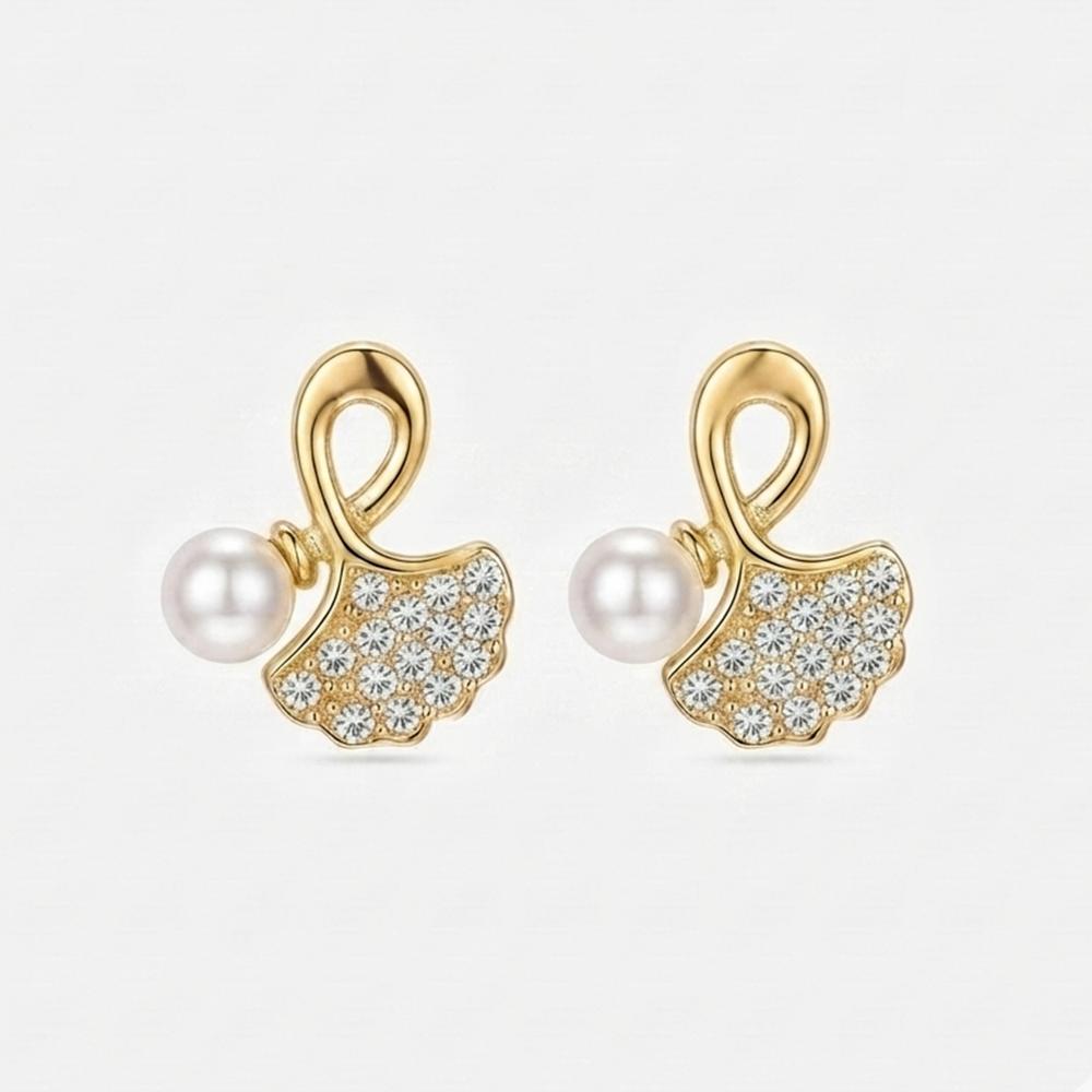 The99Jewel Gold Plated Leaf Shape Austrian Stone & Pearl Stud Earrings for Women