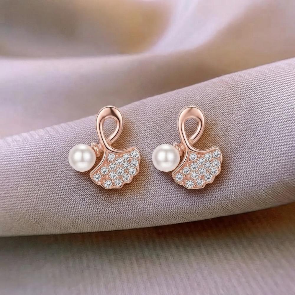 The99Jewel RoseGold Plated Leaf Shape Austrian Stone & Pearl Stud Earrings for Women 