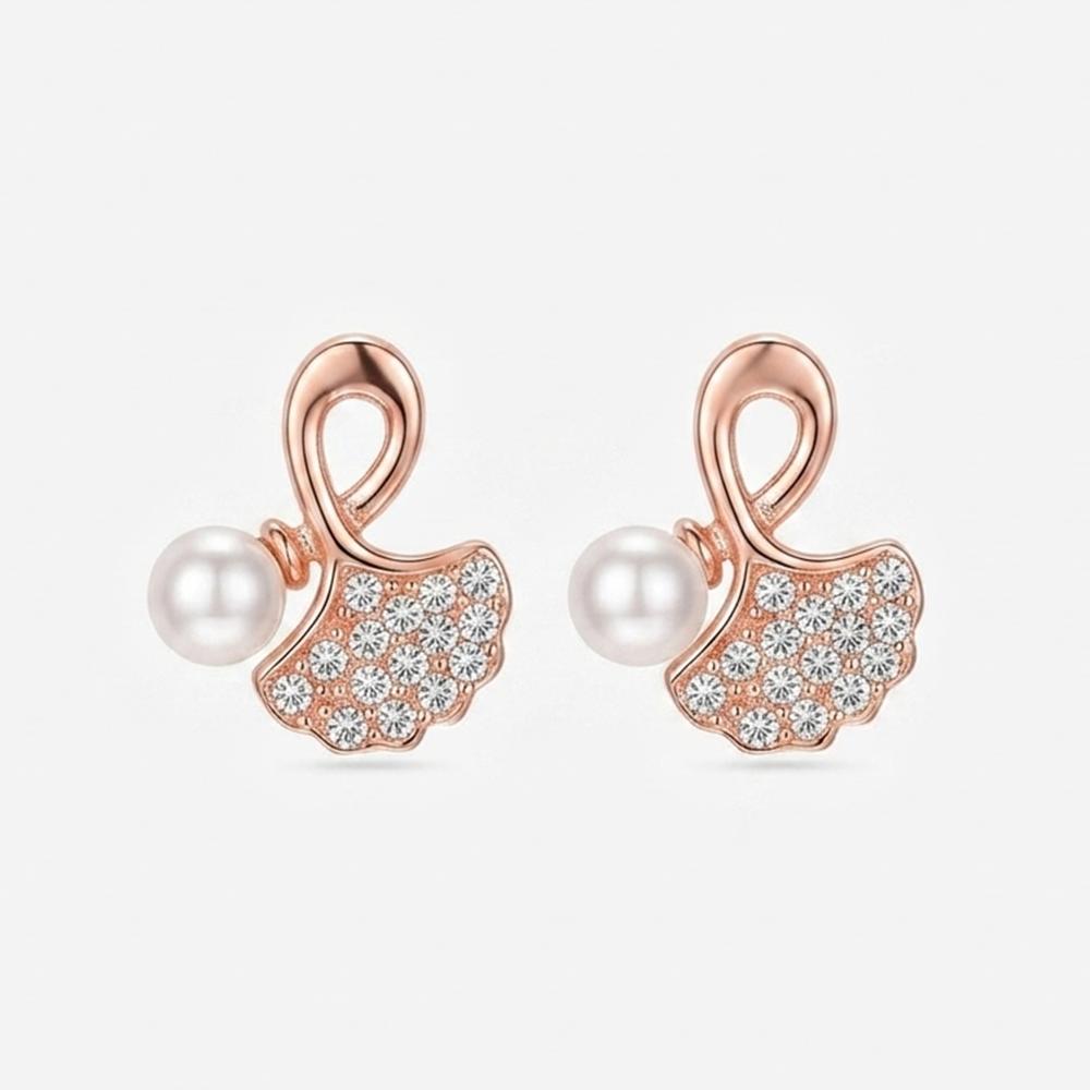 The99Jewel RoseGold Plated Leaf Shape Austrian Stone & Pearl Stud Earrings for Women