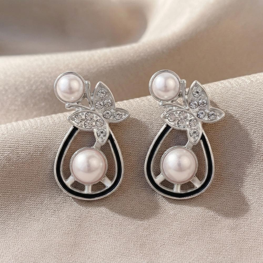 The99Jewel Silver Plated Butterfly Shape Austrian Stone & Pearl Stud Earrings for Women 