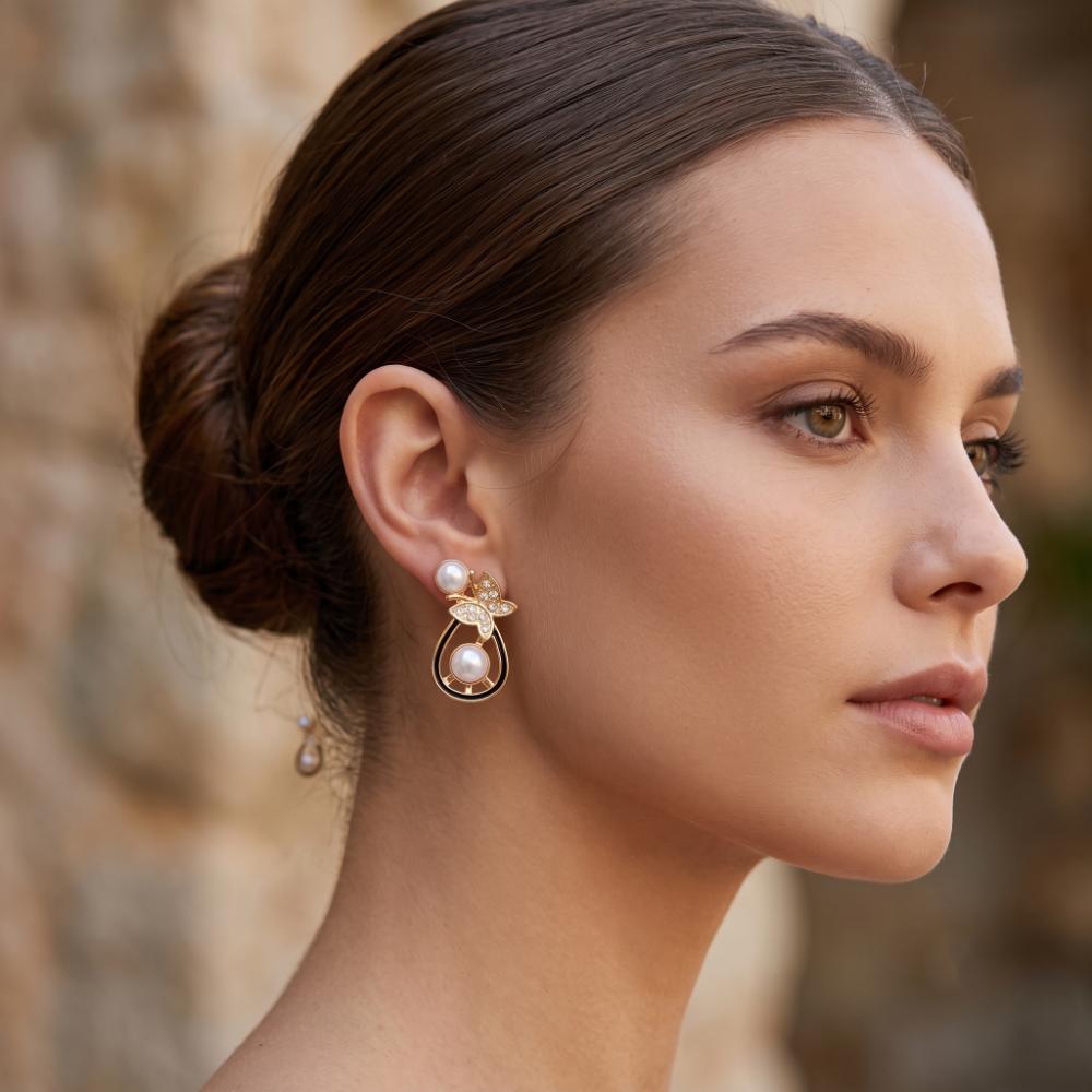 The99Jewel Gold Plated Butterfly Shape Austrian Stone & Pearl Stud Earrings for Women