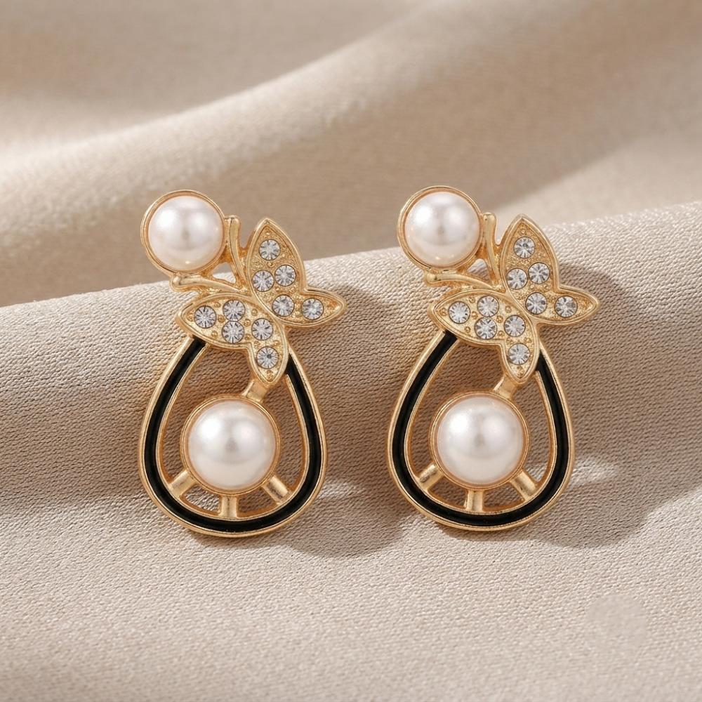 The99Jewel Gold Plated Butterfly Shape Austrian Stone & Pearl Stud Earrings for Women 
