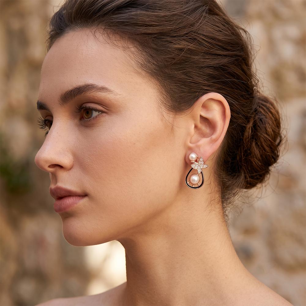 The99Jewel Rose Gold Plated Butterfly Shape Austrian Stone & Pearl Stud Earrings for Women 