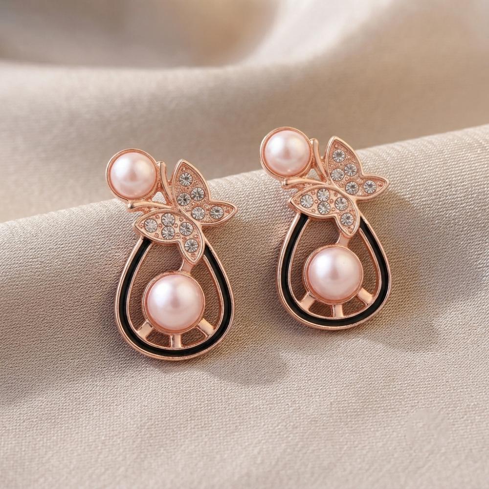 The99Jewel Rose Gold Plated Butterfly Shape Austrian Stone & Pearl Stud Earrings for Women