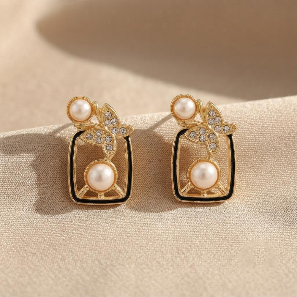 The99Jewel Gold Plated Butterfly Motif Austrian Stone & Pearl Stud Earrings for Women 