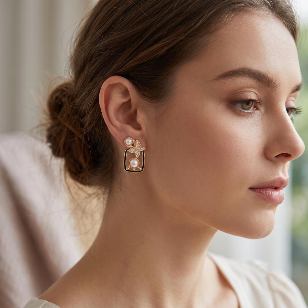 The99Jewel Gold Plated Butterfly Motif Austrian Stone & Pearl Stud Earrings for Women