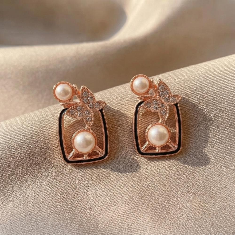 The99Jewel Rose Gold Plated Butterfly Motif Austrian Stone & Pearl Stud Earrings for Women 