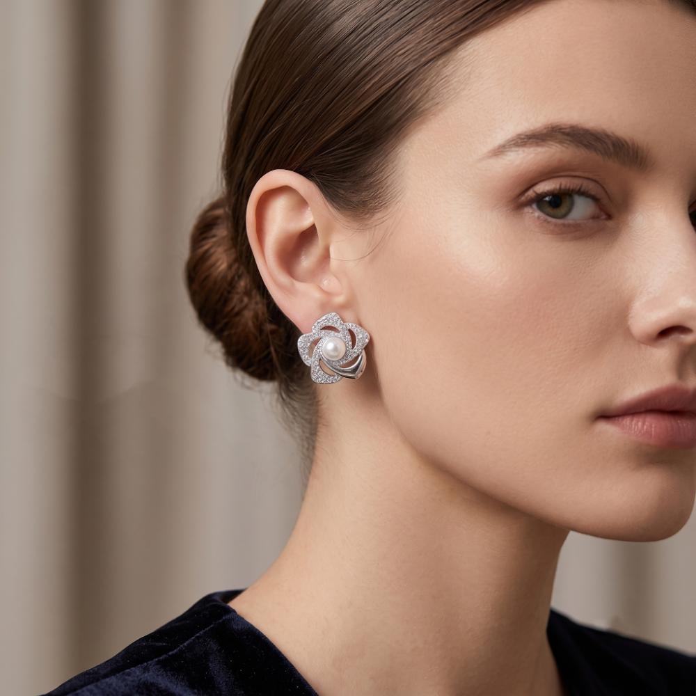 The99Jewel Stylish Silver Plated Floral Shape Austrian Stone & Pearl Stud Earrings for Women & Girls