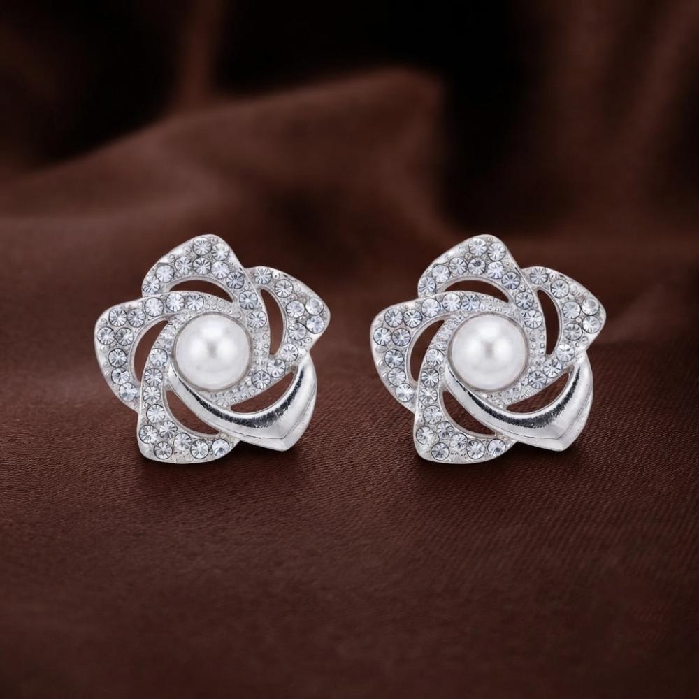 The99Jewel Stylish Silver Plated Floral Shape Austrian Stone & Pearl Stud Earrings for Women & Girls