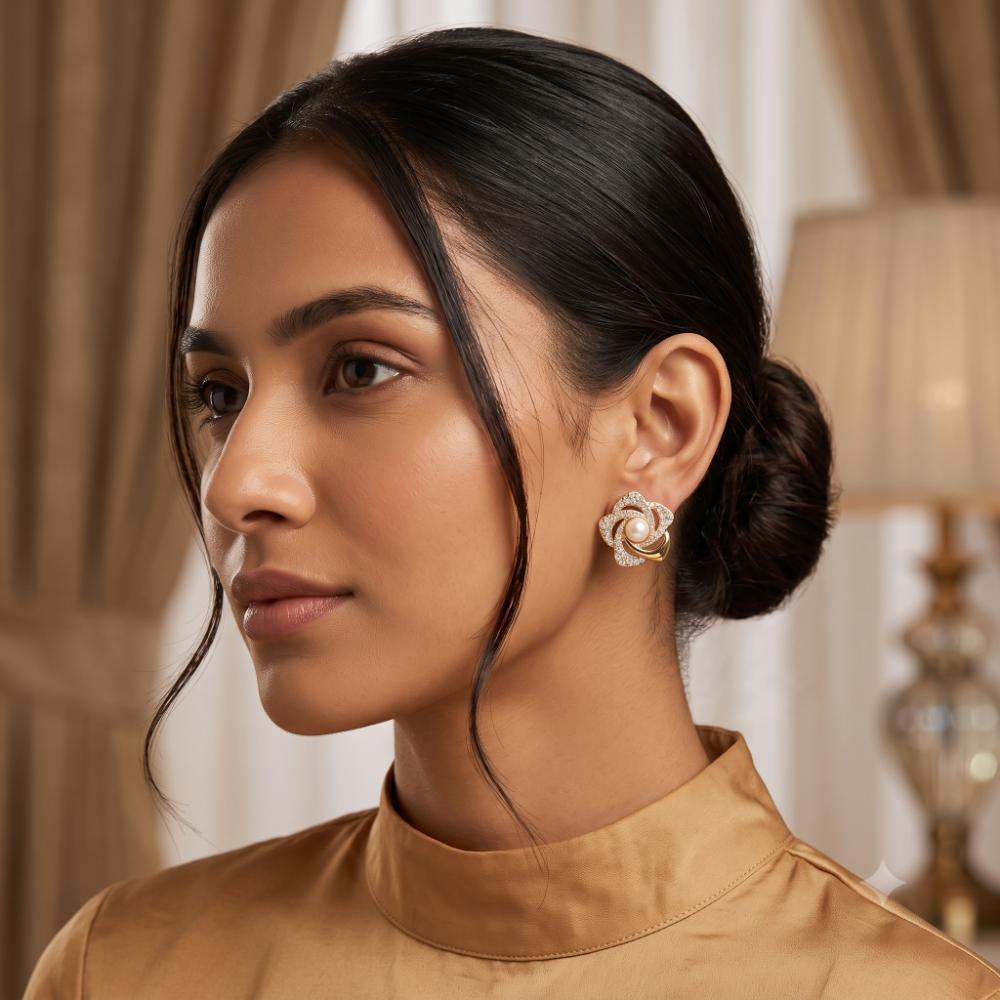 The99Jewel Stylish Gold Plated Floral Shape Austrian Stone & Pearl Stud Earrings for Women & Girls
