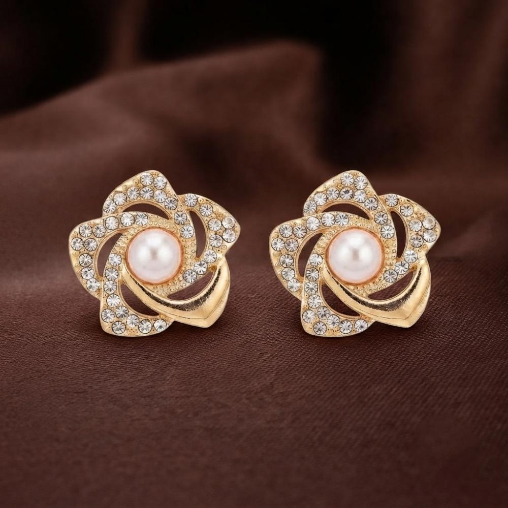 The99Jewel Stylish Gold Plated Floral Shape Austrian Stone & Pearl Stud Earrings for Women & Girls