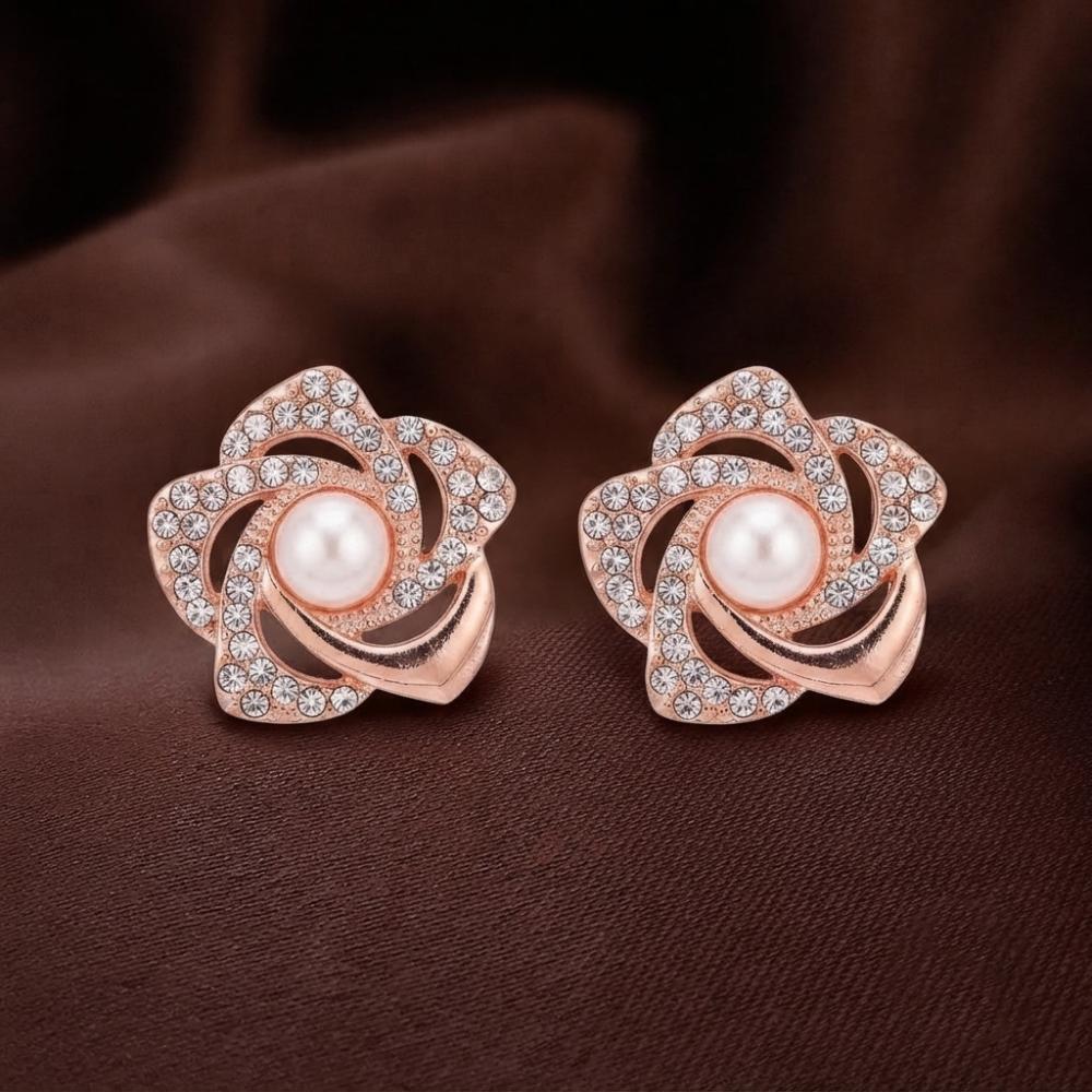 The99Jewel Stylish Rose Gold Plated Floral Shape Austrian Stone & Pearl Stud Earrings for Women & Girls