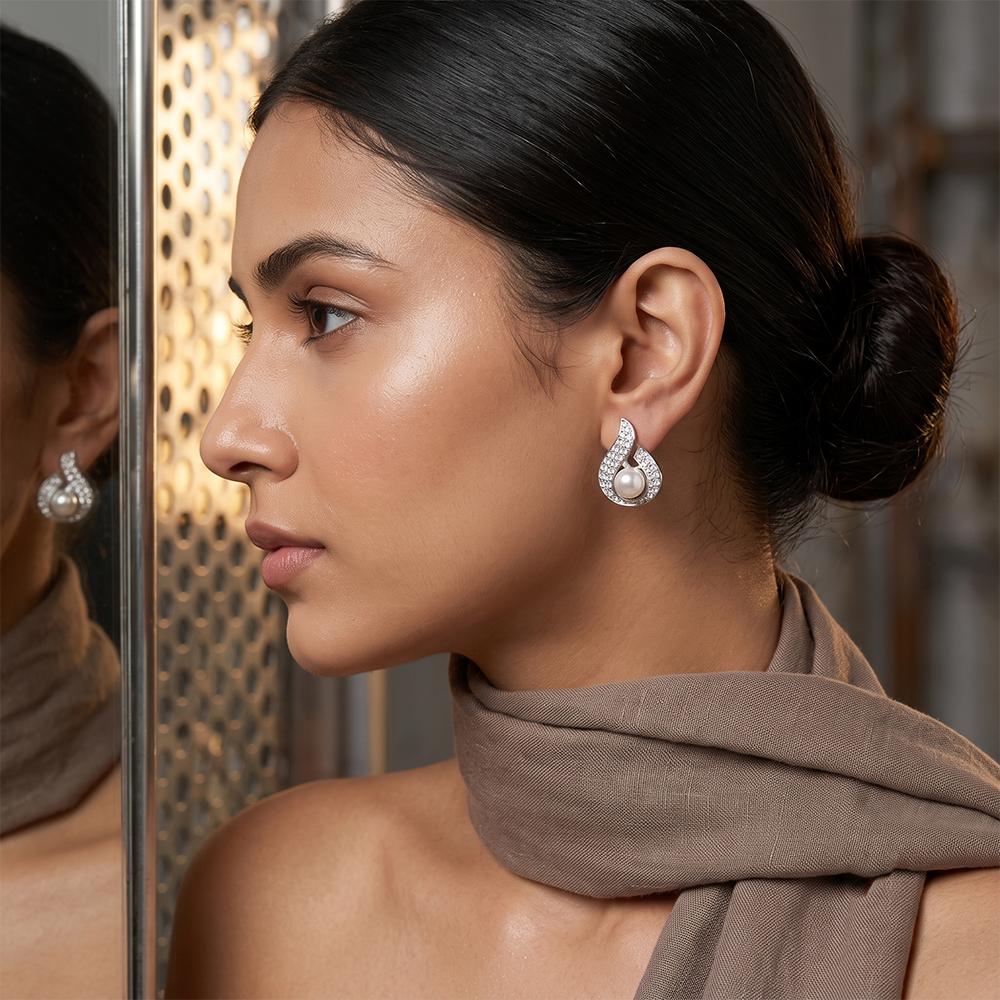 The99Jewel Stylish Silver Plated TearDrop Shape Austrian Stone & Pearl Stud Earrings for Women & Girls