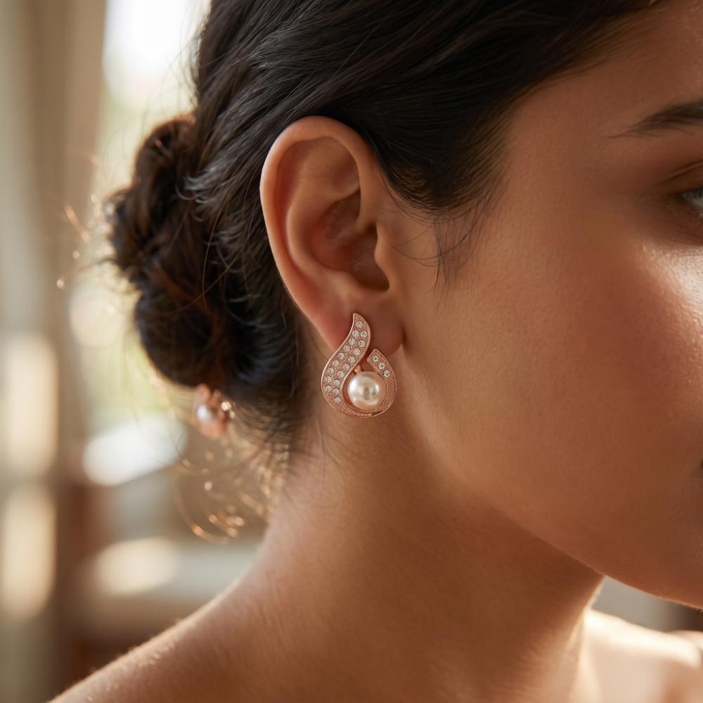 The99Jewel Stylish Rose Gold Plated TearDrop Shape Austrian Stone & Pearl Stud Earrings for Women & Girls