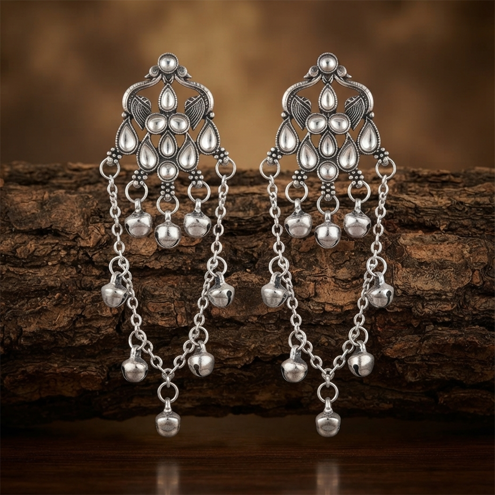 The99Jewel Kashmiri Silver Plated Ghungroo Dangler Earrings for Women 