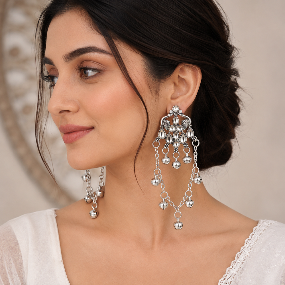 The99Jewel Kashmiri Silver Plated Ghungroo Dangler Earrings for Women 